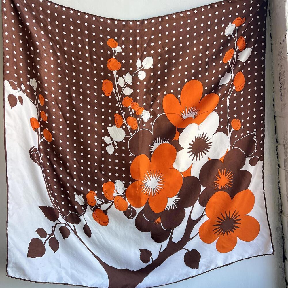 Vintage Italian Made 100% Silk Brown Orange Polka Dot Floral Wrap Skirt Swimwear